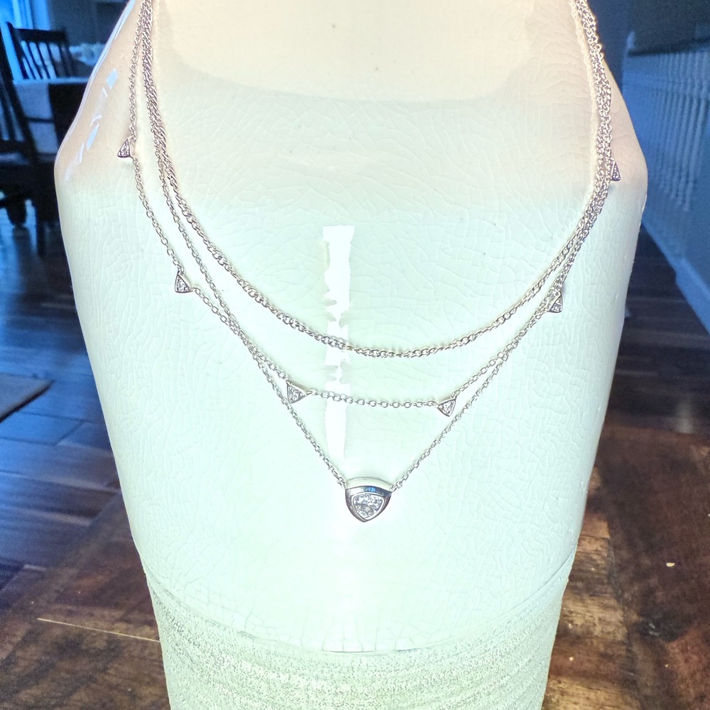 Kendra Scott Silver Layered Crystal Triangle Necklace NWT - Picture 3 of 15
